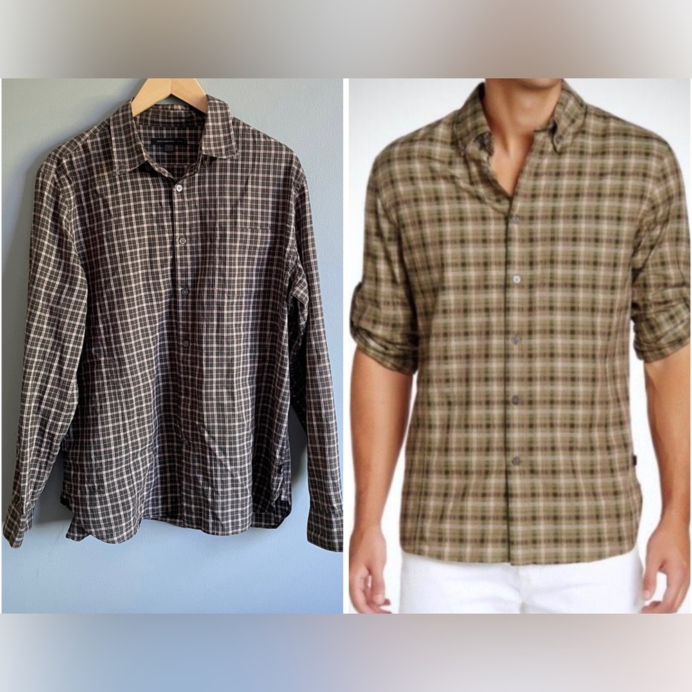 JOHN VARVATOS plaid button-down roll tan sleeves